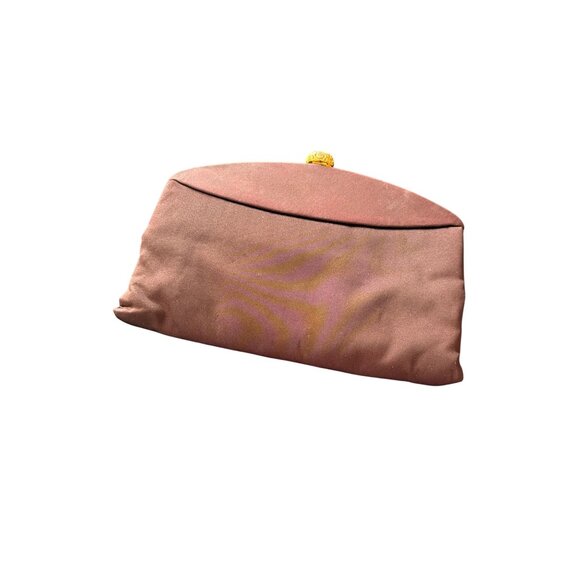 Vintage Lewis Brown Satin Clutch Burgundy Amber Stone Clasp  Gold Trim Pocket - Picture 5 of 6